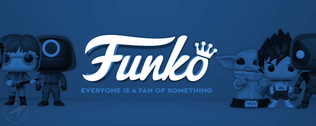 Funko logo with character figures on a blue background