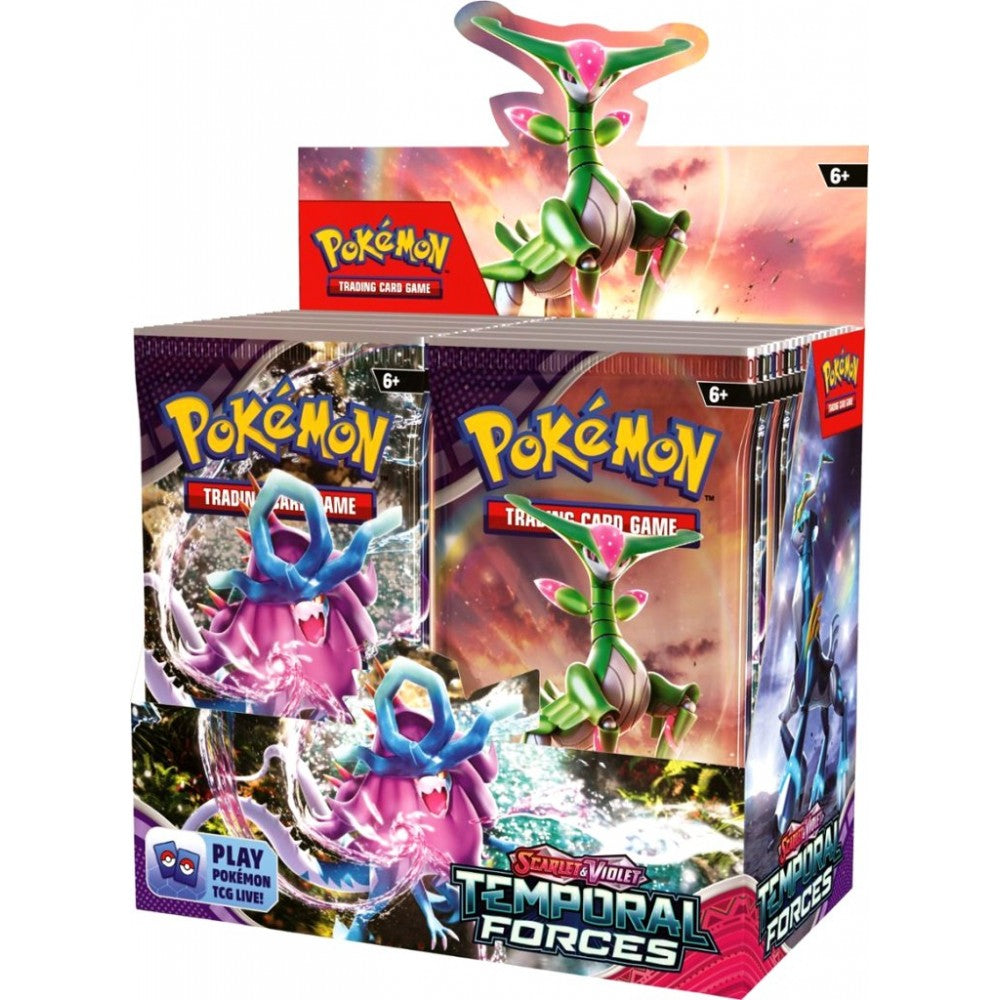 A booster box of Pokémon TCG Scarlet & Violet 5: Temporal Forces featuring images of Pokémon Garchomp and Darkrai with a vibrant, colorful backdrop.