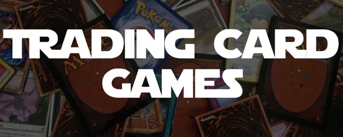 Collection of trading cards with 'Trading Card Games' text overlay