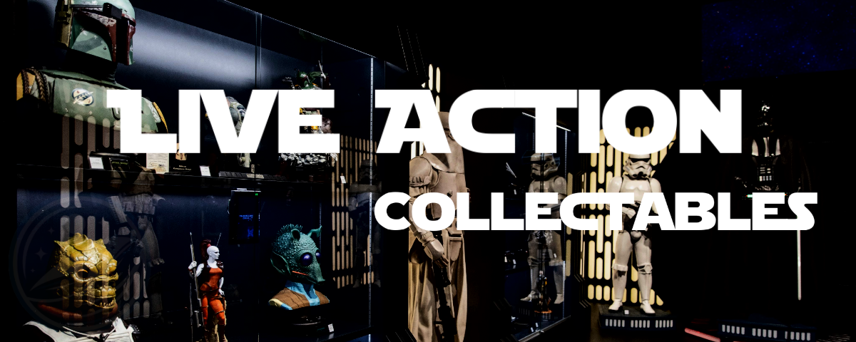 Display of action collectibles with text 'Live Action Collectables'