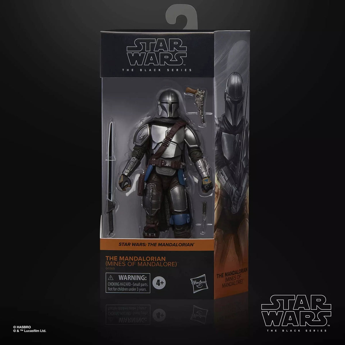 Star Wars The Black Series The Mandalorian (Mines of Mandalore) 6-inch action figure with Darksaber and blaster pistol in display packaging.