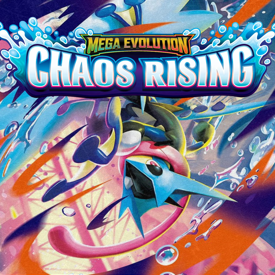 Greninja hanging under the chaos rising logo
