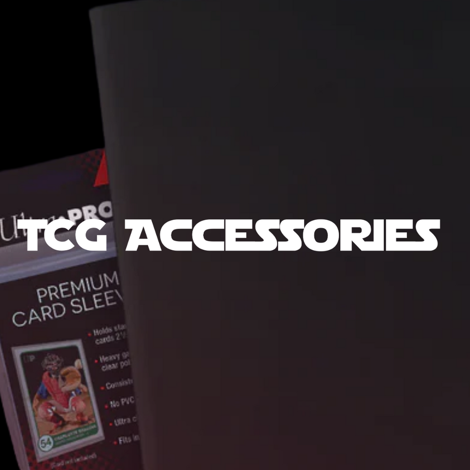Card sleeves and binder behind TCG Accessories