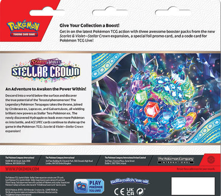 Pokémon TCG Scarlet & Violet Stellar Crown 3-Pack Blister with Tinkaton foil promo card and three booster packs in retail packaging. (back of pack)