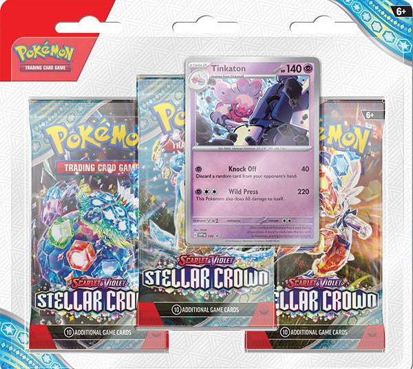 Pokémon TCG Scarlet & Violet Stellar Crown 3-Pack Blister with Tinkaton foil promo card and three booster packs in retail packaging.