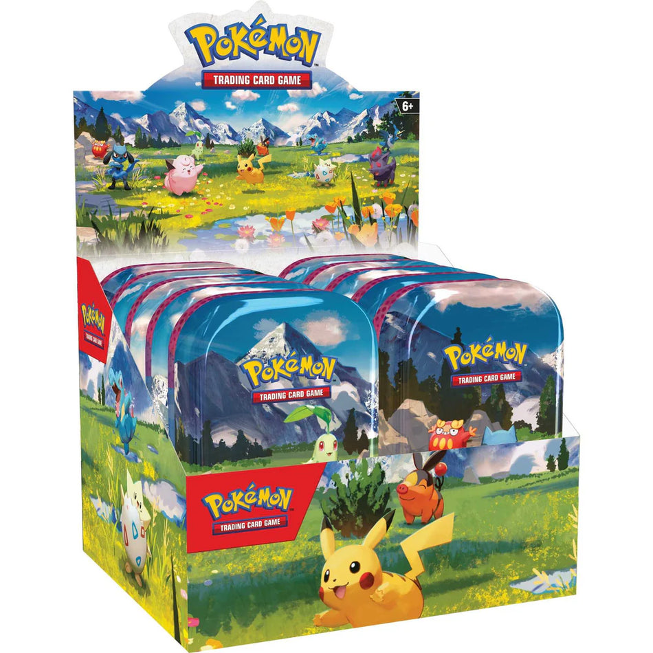 Pokémon TCG Ascended Heroes Mini Tin with random artwork, two booster packs, and collectible art card.