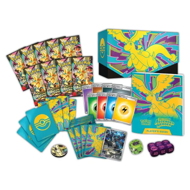 Pokémon TCG Ascended Heroes Elite Trainer Box sealed with 9 booster packs and full accessories.