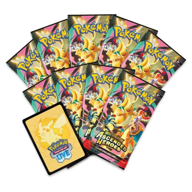 Pokémon TCG Ascended Heroes Elite Trainer Box sealed with 9 booster packs and full accessories.