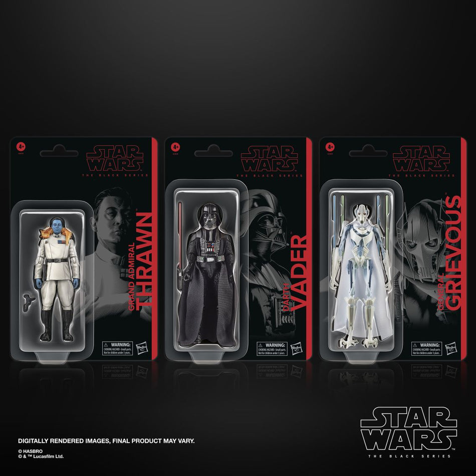 Three Star Wars action figure packages (on a black background with 'Star Wars' branding (thrawn Vader & Grevous)