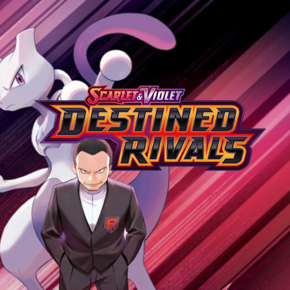 Pokémon Scarlet & Violet: Destined Rivals promo featuring Mewtwo and Team Rocket’s Giovanni in a dramatic red background