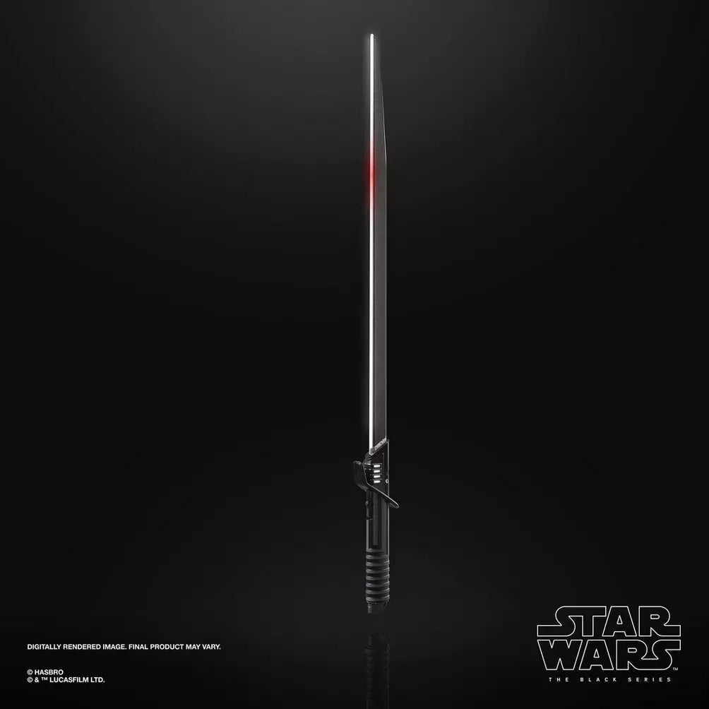 Star Wars Black Series Mandalorian Darksaber Force FX Elite Lightsaber detailed replica with LED effects and metal hilt.