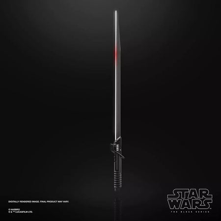 Star Wars Black Series Mandalorian Darksaber Force FX Elite Lightsaber detailed replica with LED effects and metal hilt.