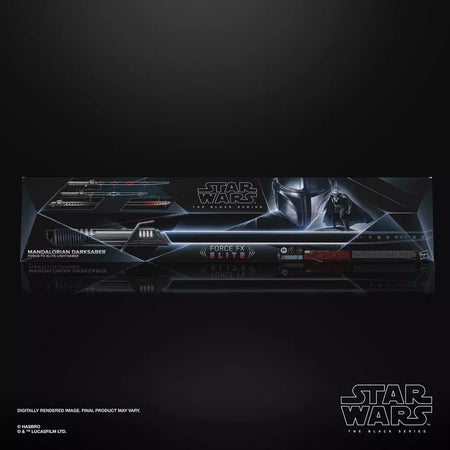 Star Wars Black Series Mandalorian Darksaber Force FX Elite Lightsaber boxed packaging featuring detailed replica with LED effects and metal hilt.