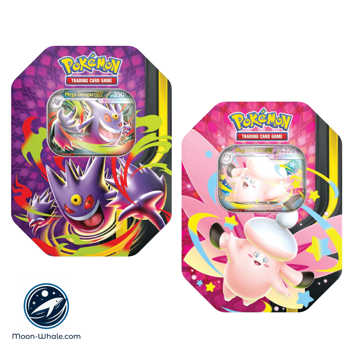 Pokémon Mega Moonlit Tin Set featuring Mega Gengar ex and Mega Clefable ex collectible tins.