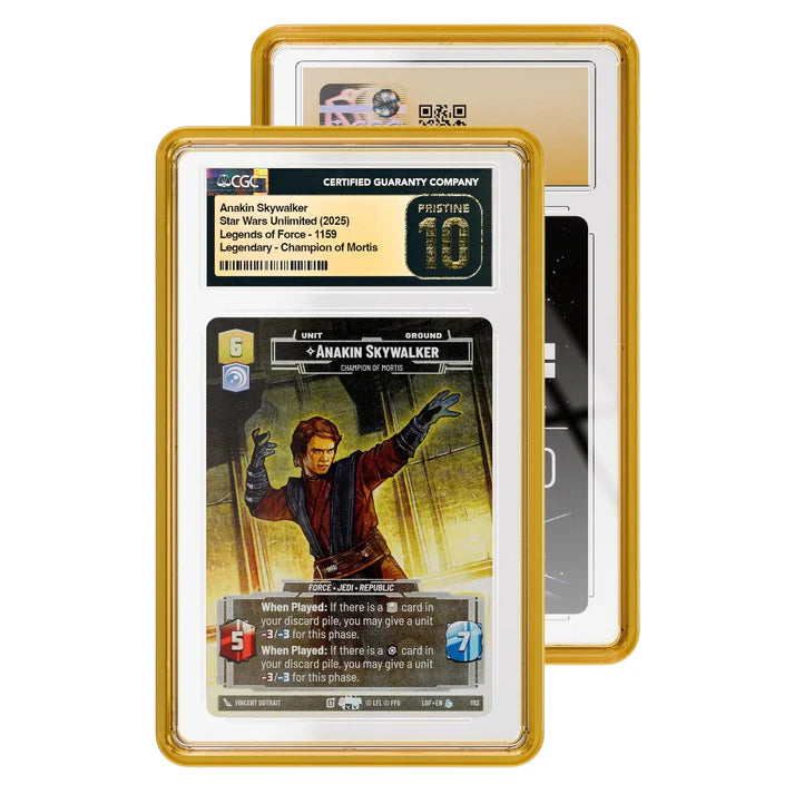 Star Wars trading card featuring Anakin Skywalker in a gold protective case on a white background