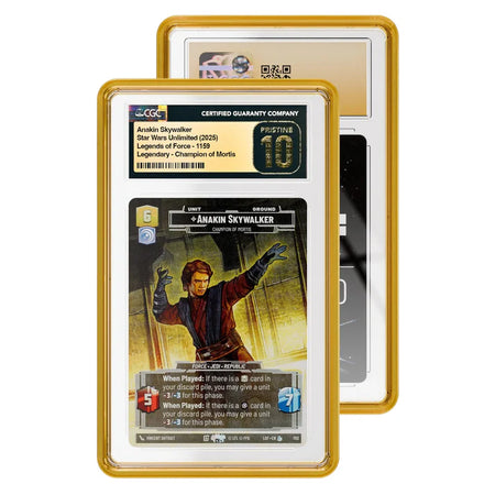 Star Wars trading card featuring Anakin Skywalker in a gold protective case on a white background