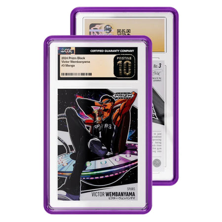 Trading card of Victor Wembanyama in a purple holder with a white background