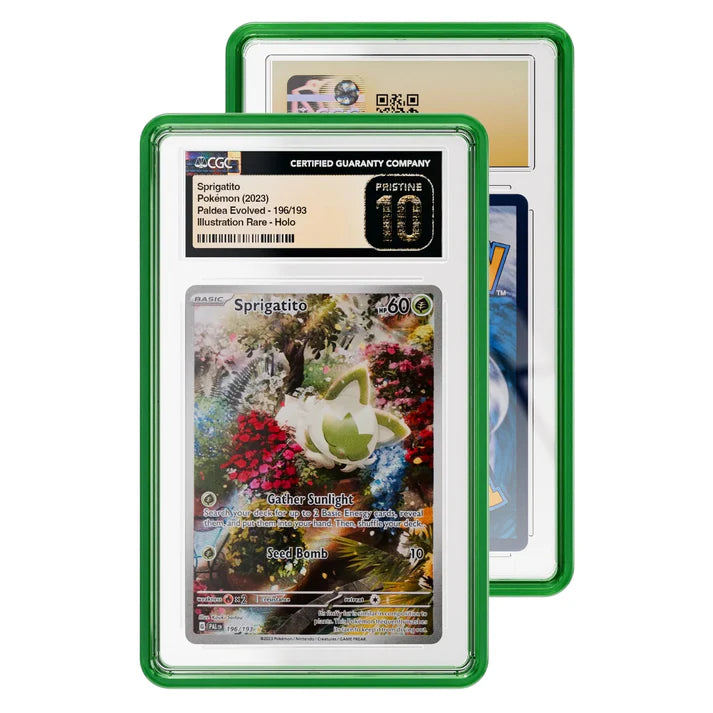 Two trading cards in green protective cases on a white background