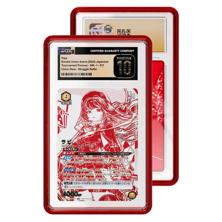 Trading card with character illustration in a red and white frame, featuring a grading label.