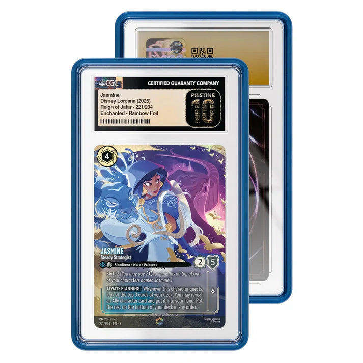 Trading card in a blue protective case with a white background