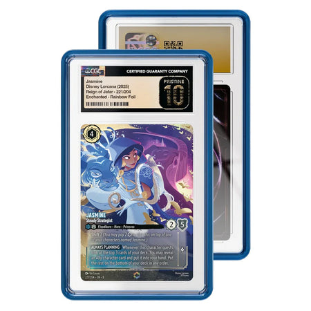 Trading card in a blue protective case with a white background