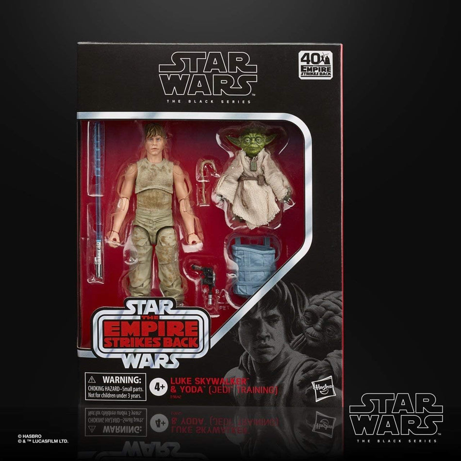Star Wars The Black Series Luke Skywalker and Yoda (Jedi Training) 6-inch action figure set from The Empire Strikes Back 40th Anniversary, with accessories in retail packaging.