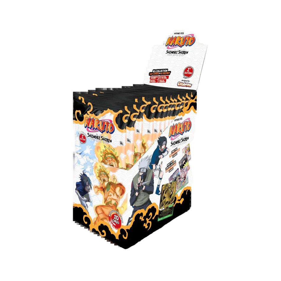 Naruto Shippuden Scramble Series booster box display pack with multiple individual sticker packs fanned out inside, shown on a plain white background.