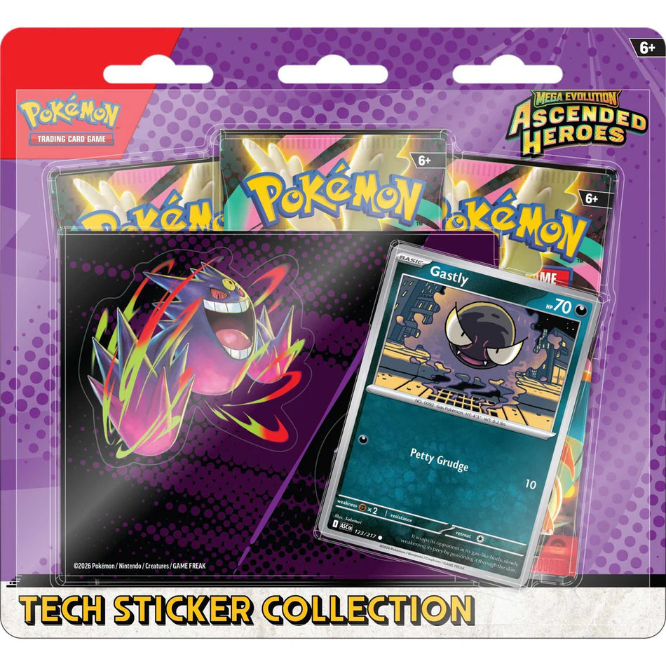 Pokémon TCG Ascended Heroes Tech Sticker Collection with Gastly promo card, tech sticker and booster packs.