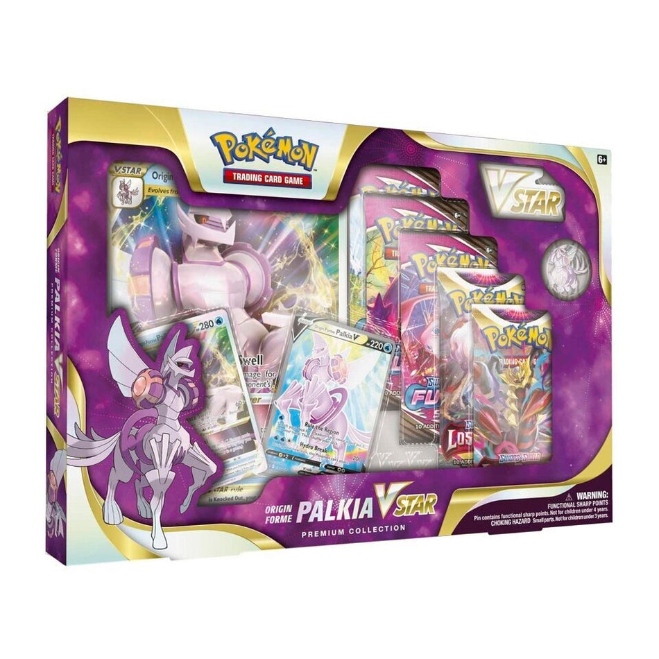 Pokémon TCG Origin Forme Palkia VSTAR Premium Collection box with Palkia VSTAR and V promo cards, jumbo card, Palkia pin, 2 Lost Origin packs, 3 Chilling Reign packs, and VSTAR marker.