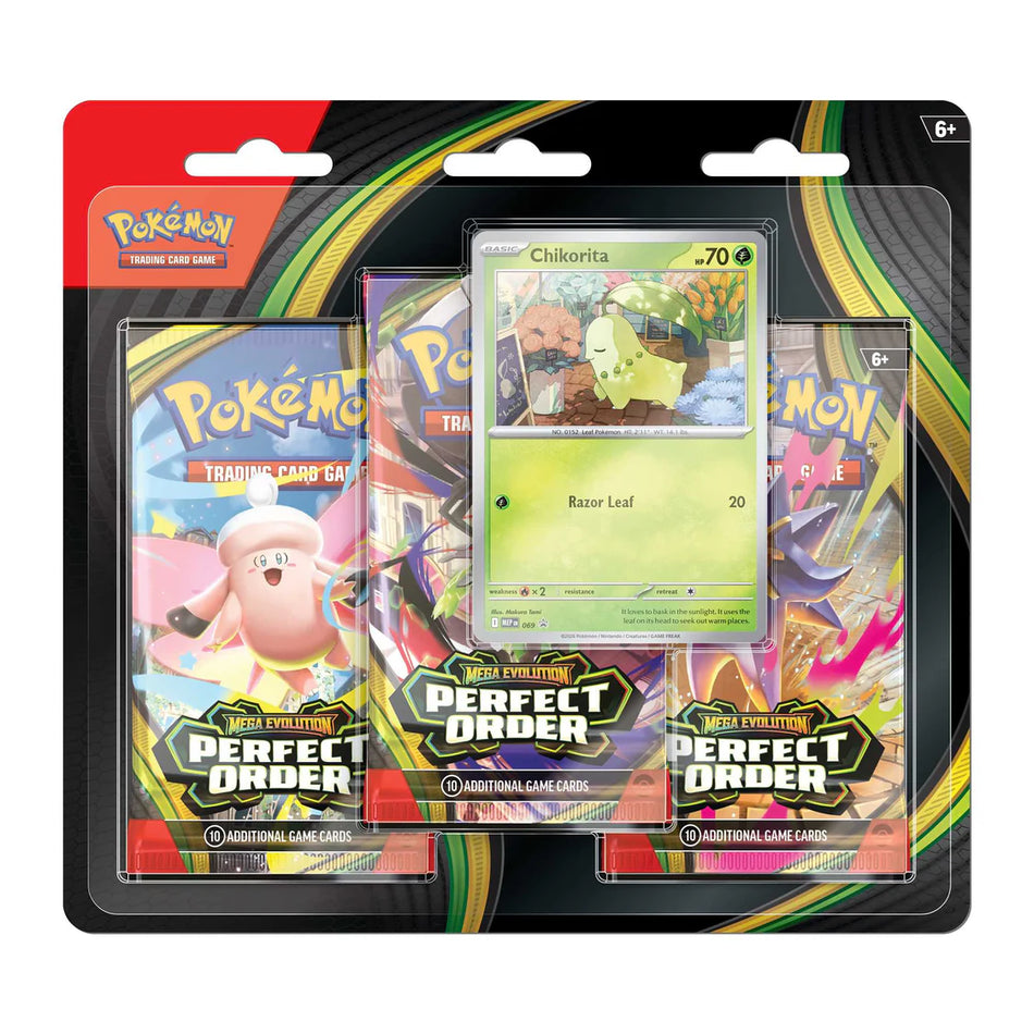 Pokémon Mega Evolution Perfect Order 3 pack blister with promo card.