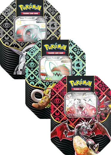 Set of 3 Pokémon TCG Paldean Fates 4-Pack Tins featuring Iron Treads ex, Great Tusk ex, and Charizard ex designs