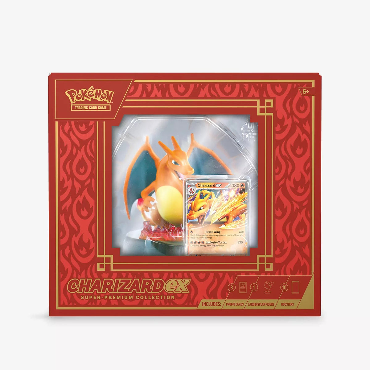 Pokémon TCG Charizard ex Super-Premium Collection box with three foil promos, Charizard display figure and 10 booster packs.
