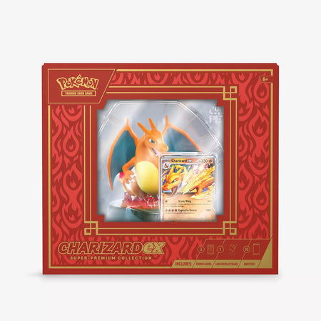 Pokémon TCG Charizard ex Super-Premium Collection box with three foil promos, Charizard display figure and 10 booster packs.