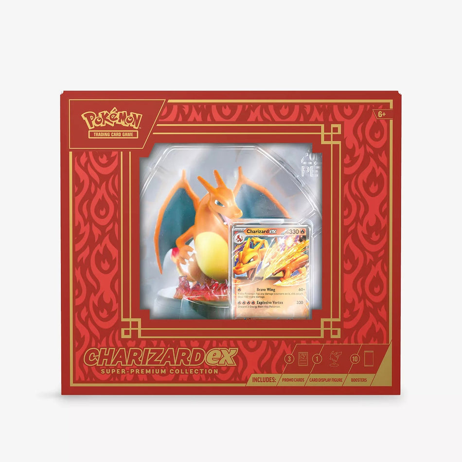 Pokémon TCG Charizard ex Super-Premium Collection box with three foil promos, Charizard display figure and 10 booster packs.