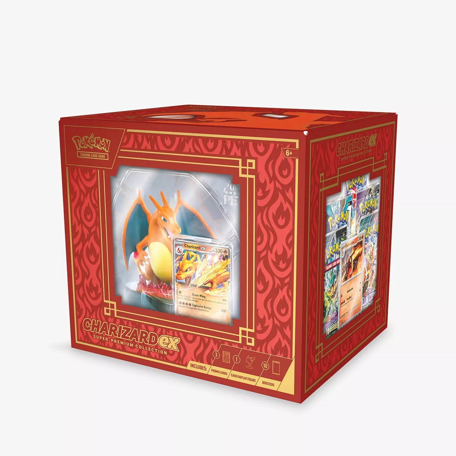 Pokémon TCG Charizard ex Super-Premium Collection box with three foil promos, Charizard display figure and 10 booster packs.