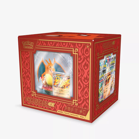 Pokémon TCG Charizard ex Super-Premium Collection box with three foil promos, Charizard display figure and 10 booster packs.
