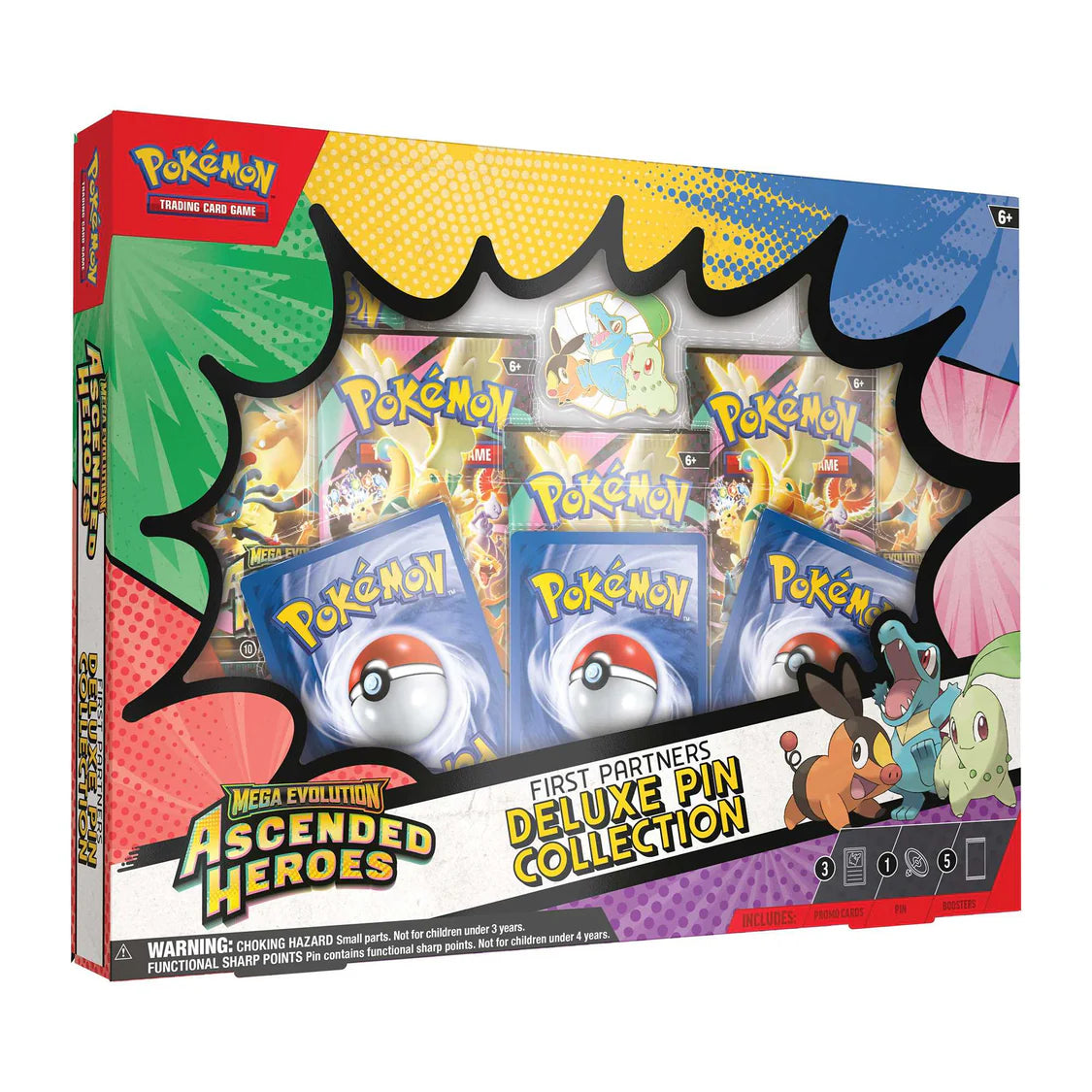 Pokémon TCG Ascended Heroes First Partners Deluxe Pin Collection with 3 promo cards, pin and booster packs.