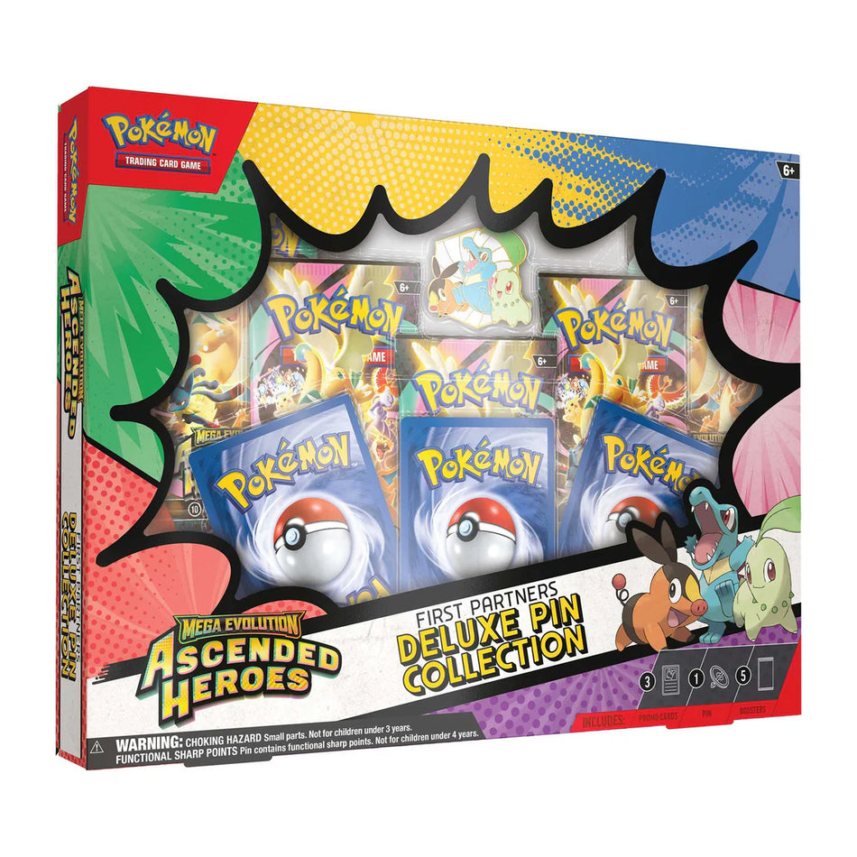 Pokémon TCG Ascended Heroes First Partners Deluxe Pin Collection with 3 promo cards, pin and booster packs.