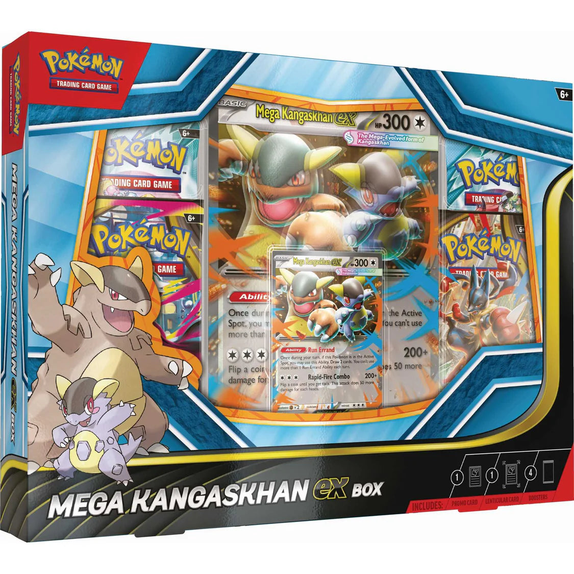 Pokémon Mega Kangaskhan ex Box with promo, oversized card, 2 Mega Evolutions packs and 2 Destined Rivals packs.