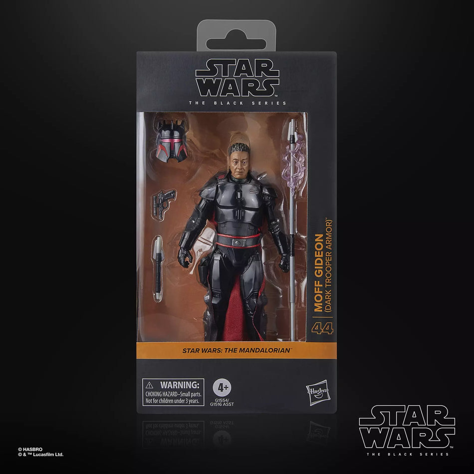 Star Wars Black Series Moff Gideon figure in Dark Trooper Armor with removable helmet, red cape, blaster, and electrostaff. Showing front of the box