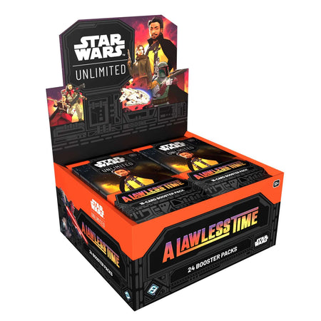 Star Wars Unlimited A Lawless Time booster box display with 24 booster packs.