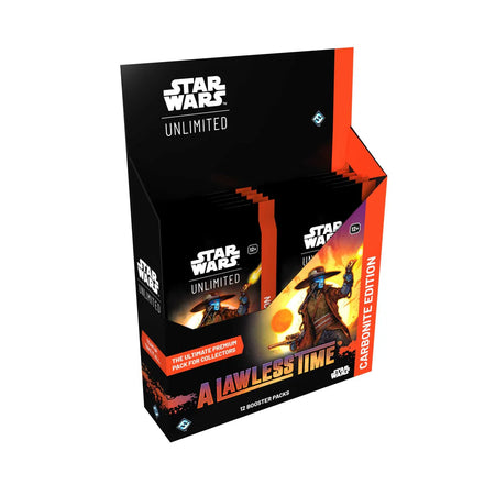 Star Wars Unlimited A Lawless Time Carbonite booster box display with premium booster packs.