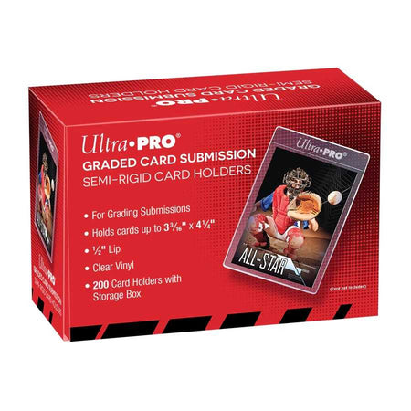 Red box of Ultra Pro graded card submission with card holder image on a white background