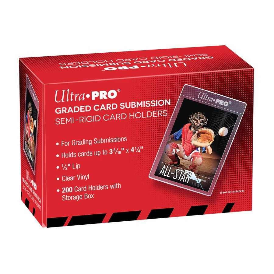 Red box of Ultra Pro graded card submission with card holder image on a white background