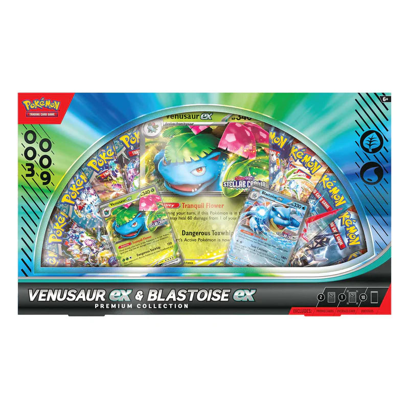 Pokémon TCG EX Premium Collection box featuring Venusaur EX and Blastoise EX promos with 10 booster packs.