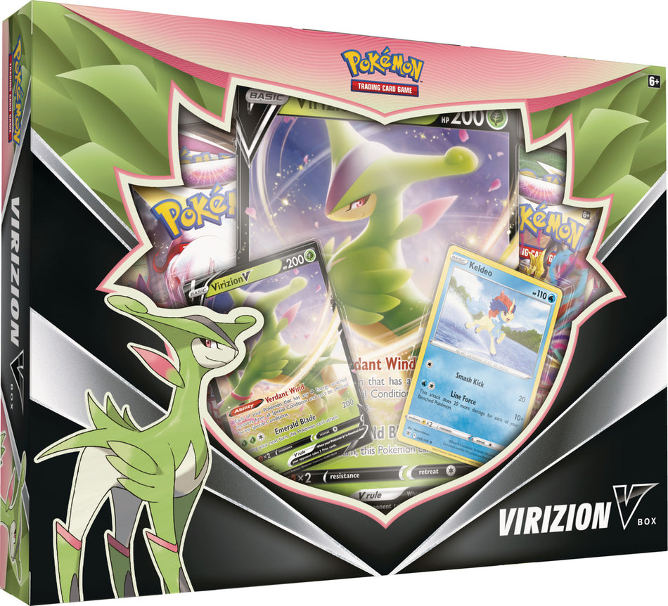 Pokémon TCG Virizion V Collection Box featuring Virizion V and Keldeo promo cards, oversized Virizion V card, and 4 booster packs including Astral Radiance, Fusion Strike, and Lost Origin.