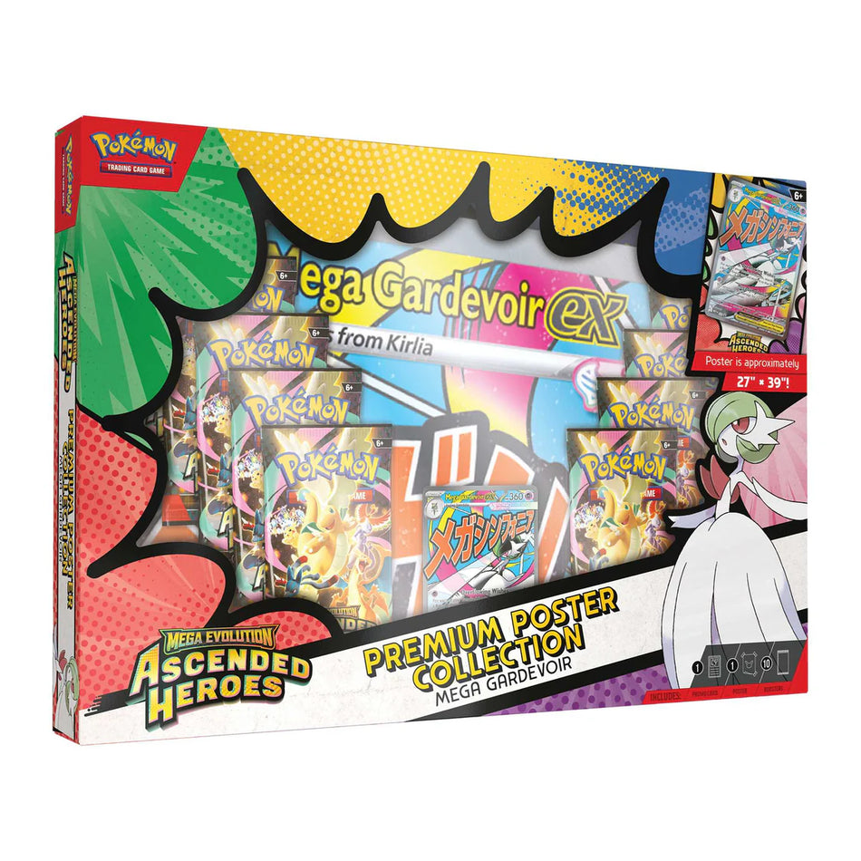 Pokémon TCG Ascended Heroes Premium Poster Collection Mega Gardevoir with promo card, poster and booster packs.