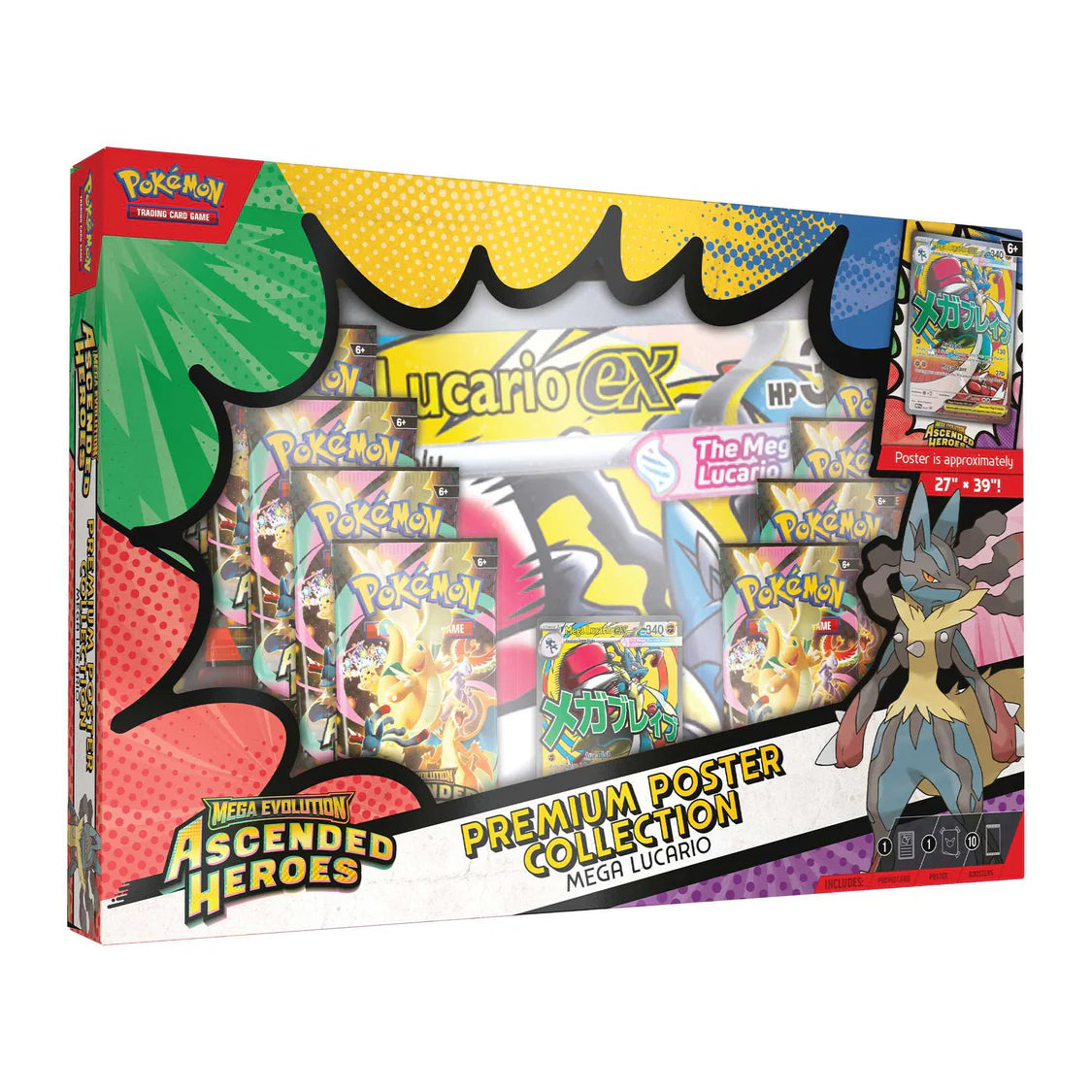 Pokémon TCG Ascended Heroes Premium Poster Collection Mega Lucario with promo card, poster and booster packs.
