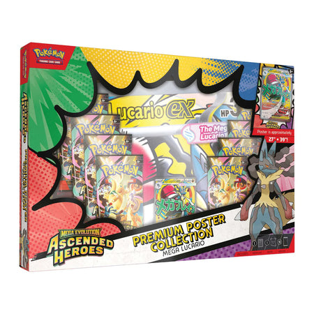 Pokémon TCG Ascended Heroes Premium Poster Collection Mega Lucario with promo card, poster and booster packs.