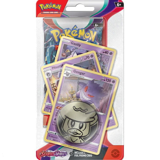 Image of the sealed checklane blister pack- including one base set pack of scarlet and violet Pokémon cards, and 3 promos with Gengar at the front. The other two cards are Gastly, and Haunter.